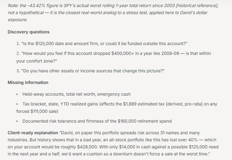 DeepVest discovery questions, missing client information, and a client-ready explanation of how a 2008-style decline could cost David roughly $428,000 while he holds only $14,000 in cash.