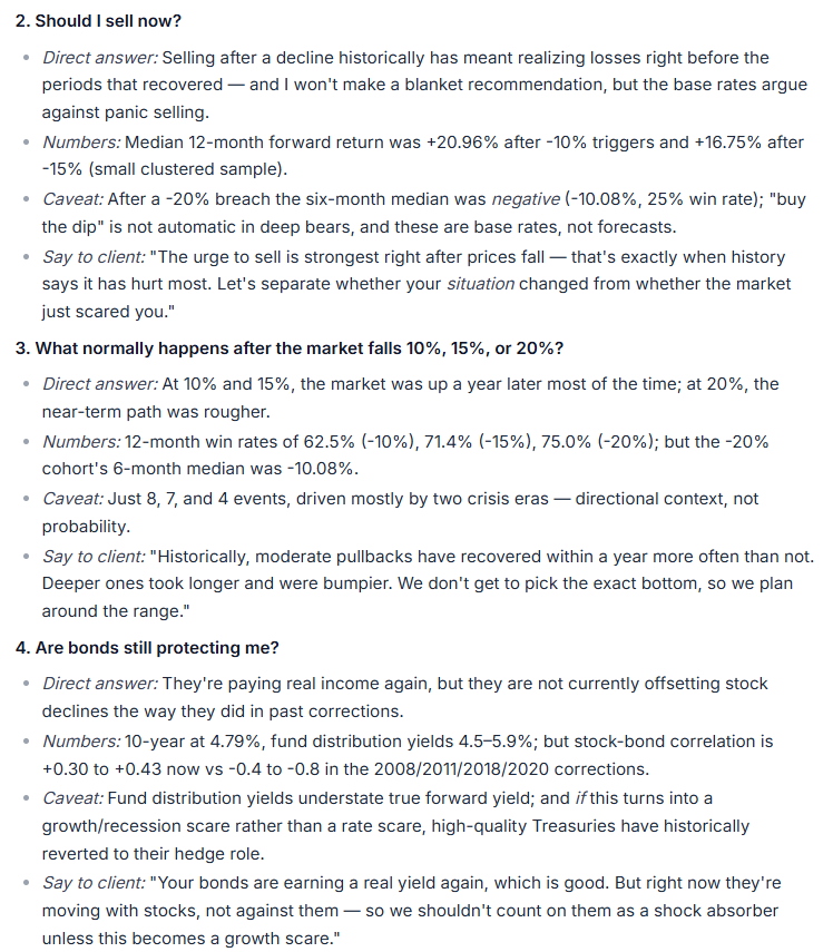 Q&A list answering client questions about selling during a downturn, historical market recovery patterns after 10-20% declines, and whether bonds still protect a portfolio.