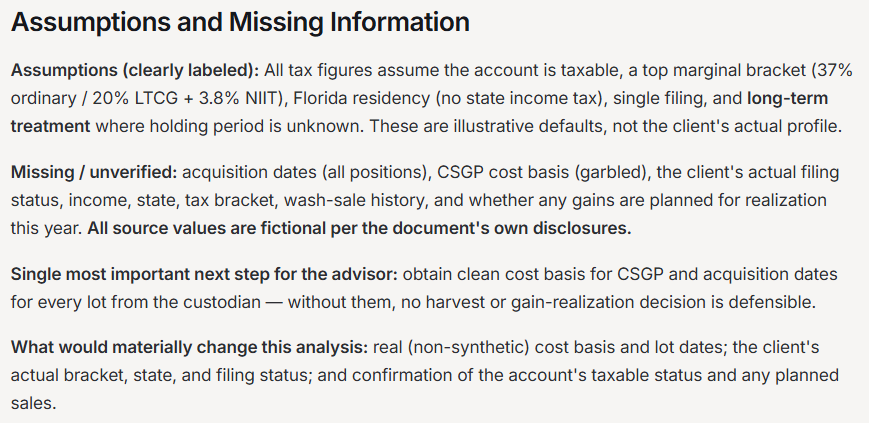 Assumptions and missing information