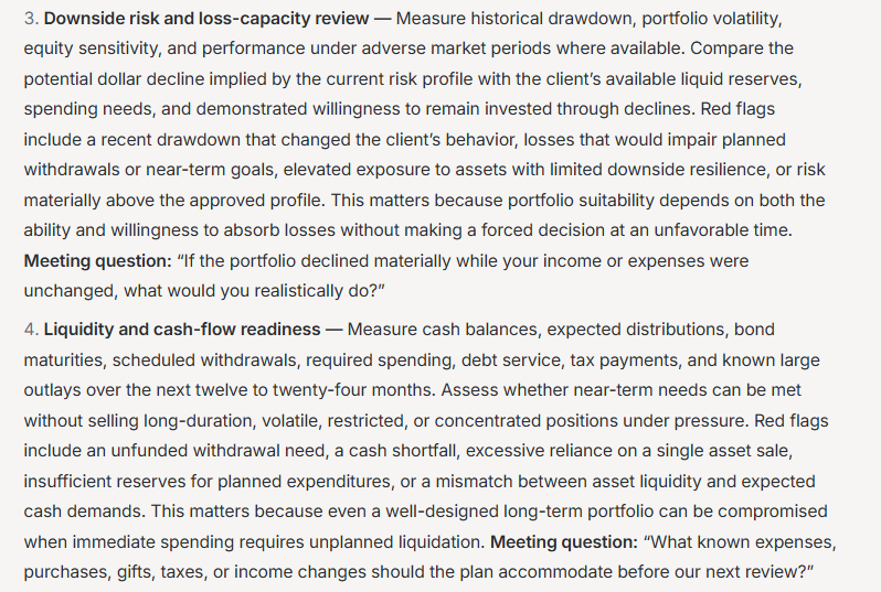 DeepVest AgentLab's portfolio risk checks for downside risk and liquidity, covering drawdown, loss capacity, and cash-flow readiness for the next 12–24 months. Each check includes red flags and a question to ask in the client review meeting.
