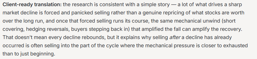 Driver of sharp market decline is forced and panicked selling rather than genuine repricing of what stocks are worth.