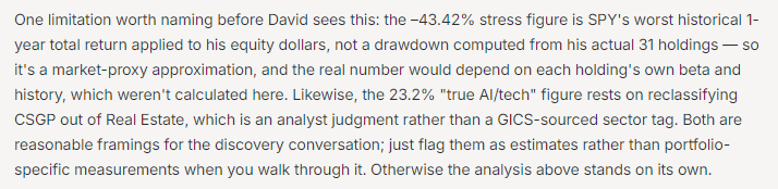 DeepVest limitations note explaining that the -43.42% stress figure is a SPY market proxy, not a holdings-level calculation, and that the 23.2% AI/tech exposure is an analyst estimate.