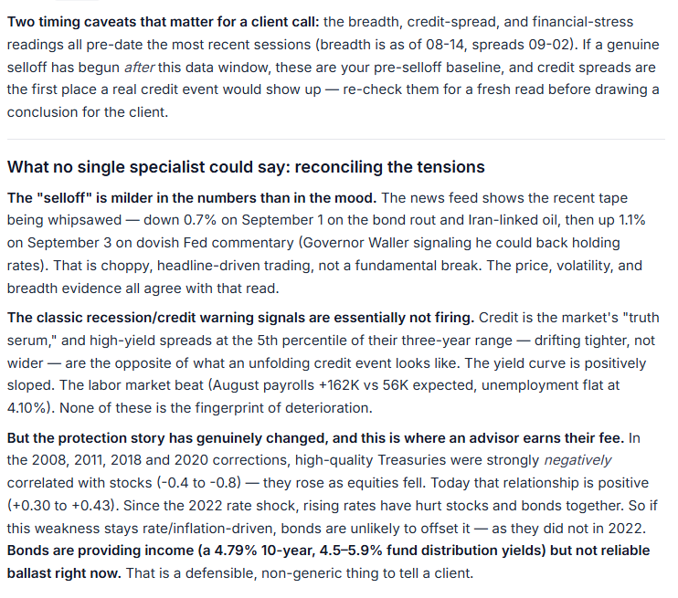 Analysis explaining that the current selloff is milder in the data than in market sentiment, with high-yield credit spreads near three-year tights and no classic recession warning signals firing.