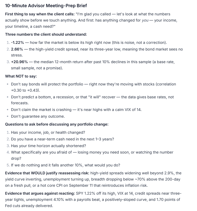 Ten-minute advisor meeting-prep brief listing the three key numbers to share with clients, what not to say during a selloff, and evidence that would justify reassessing portfolio risk.