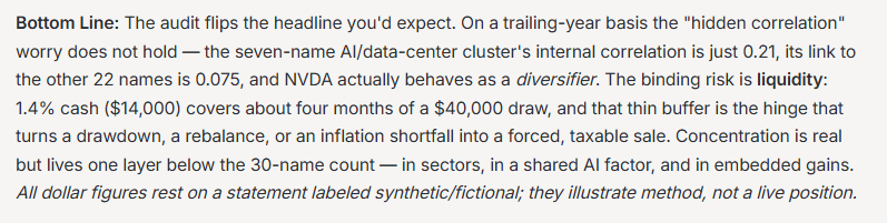 Summary showing the portfolio's biggest hidden risk is liquidity, with only 1.4% cash ($14,000) covering about four months of spending, while the AI/tech correlation risk proves lower than headline fears at 0.21.