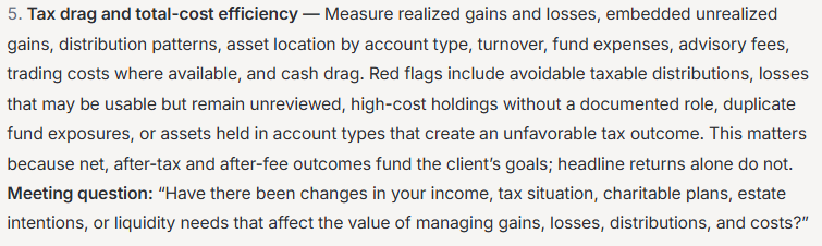 DeepVest AgentLab's fifth portfolio risk check for RIAs looks at tax drag and total-cost efficiency, including unrealized gains, fund expenses, advisory fees, and asset location. It ends with a question about tax and income changes to ask before the client review.