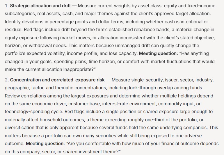 DeepVest AgentLab's portfolio risk review checklist for RIAs, covering strategic allocation drift and concentration or correlated-exposure risk. Each check lists what to measure, the red flags, and a question to ask in the client review meeting.