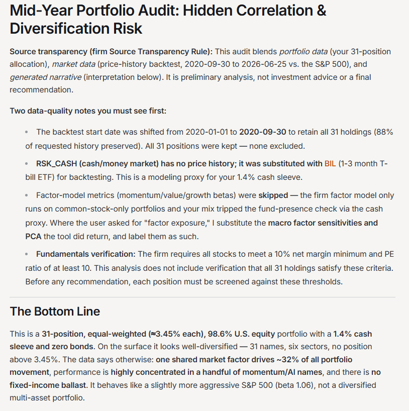 DeepVest AgentLab audit header titled Mid-Year Portfolio Audit: Hidden Correlation & Diversification Risk, with source-transparency and data-quality notes and a Bottom Line summary describing a 31-position, equal-weighted, 98.6% U.S. equity portfolio in which one shared market factor drives about 32% of all movement.