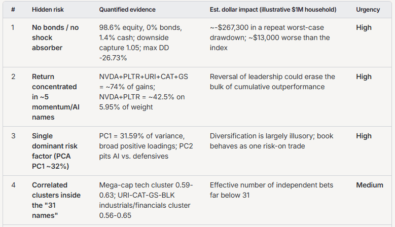 Summary table ranking the four hidden risks by urgency: no bonds / no shock absorber (High), return concentrated in about five momentum/AI names (High), single dominant risk factor with PCA PC1 around 32% (High), and correlated clusters inside the 31 names (Medium), each with quantified evidence and an estimated dollar impact for a $1M household.
