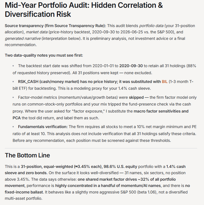 DeepVest AgentLab audit header titled Mid-Year Portfolio Audit: Hidden Correlation & Diversification Risk, with source-transparency and data-quality notes and a Bottom Line summary describing a 31-position, equal-weighted, 98.6% U.S. equity portfolio in which one shared market factor drives about 32% of all movement.