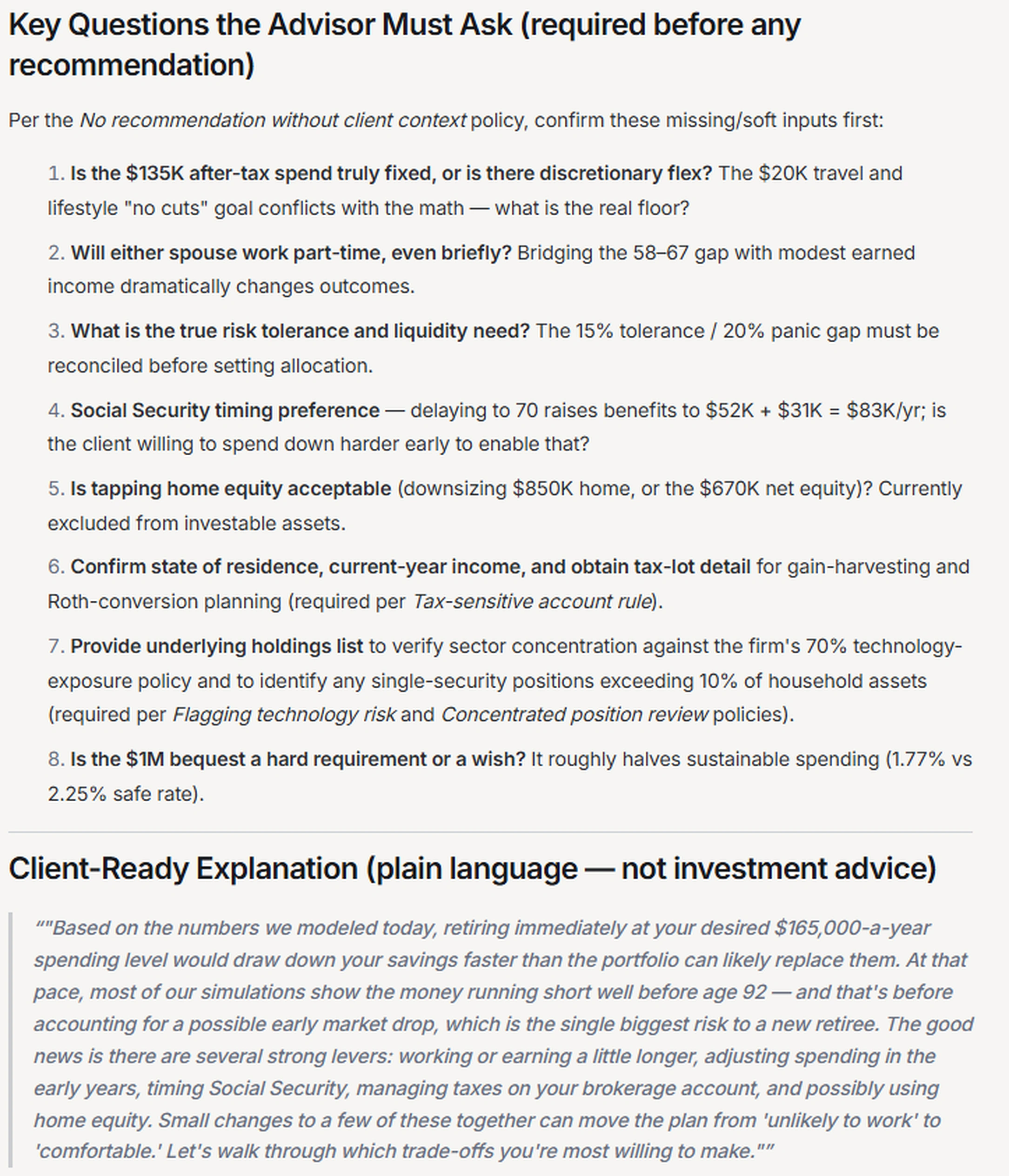 A list of eight key questions the advisor must ask before making any recommendation, including whether the $135,000 after-tax spend is truly fixed, whether either spouse would work part-time, the client’s true risk tolerance and liquidity needs, Social Security timing, whether tapping home equity is acceptable, state of residence and tax-lot detail, the underlying holdings list, and whether the $1M bequest is a hard requirement or a wish. A client-ready explanation in plain language follows, describing in non-advice terms why retiring immediately at the desired spending level would draw down savings too quickly, and which levers could move the plan from unlikely to comfortable.