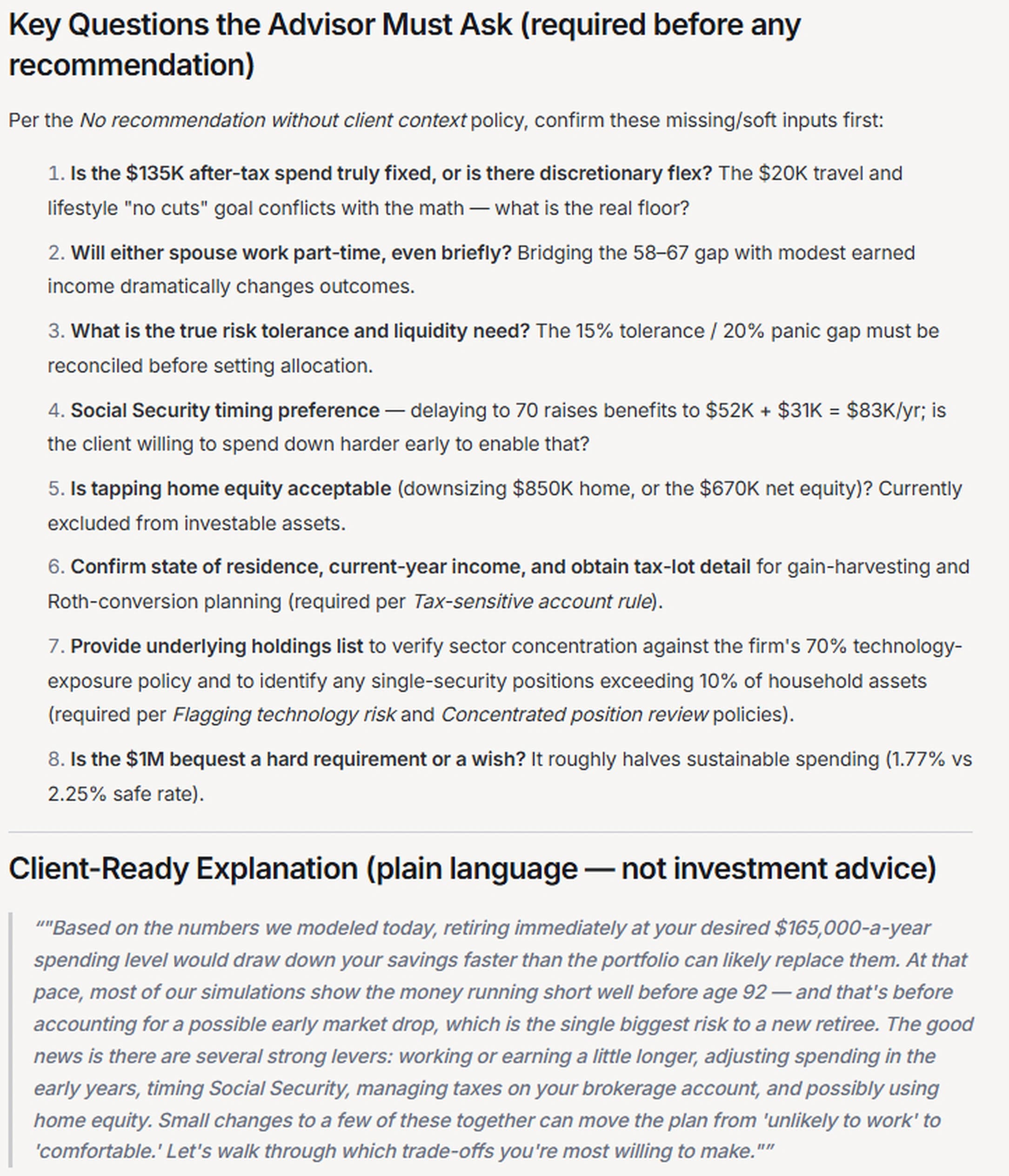 A list of eight key questions the advisor must ask before making any recommendation, including whether the $135,000 after-tax spend is truly fixed, whether either spouse would work part-time, the client’s true risk tolerance and liquidity needs, Social Security timing, whether tapping home equity is acceptable, state of residence and tax-lot detail, the underlying holdings list, and whether the $1M bequest is a hard requirement or a wish. A client-ready explanation in plain language follows, describing in non-advice terms why retiring immediately at the desired spending level would draw down savings too quickly, and which levers could move the plan from unlikely to comfortable.