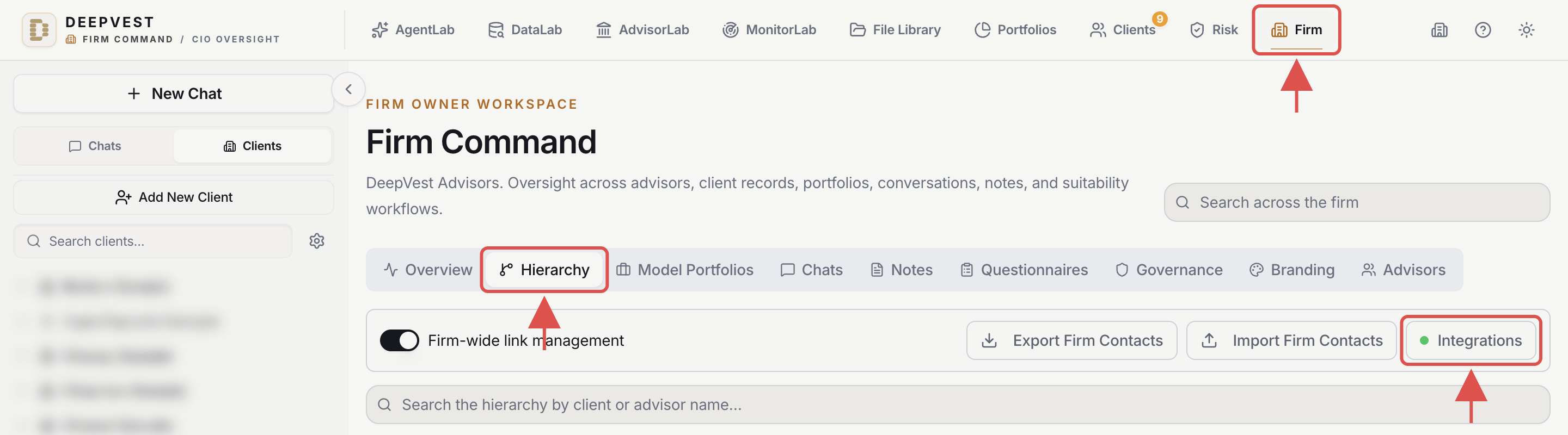 Firm Command with the Firm navigation tab, the Hierarchy tab, and the Integrations button highlighted