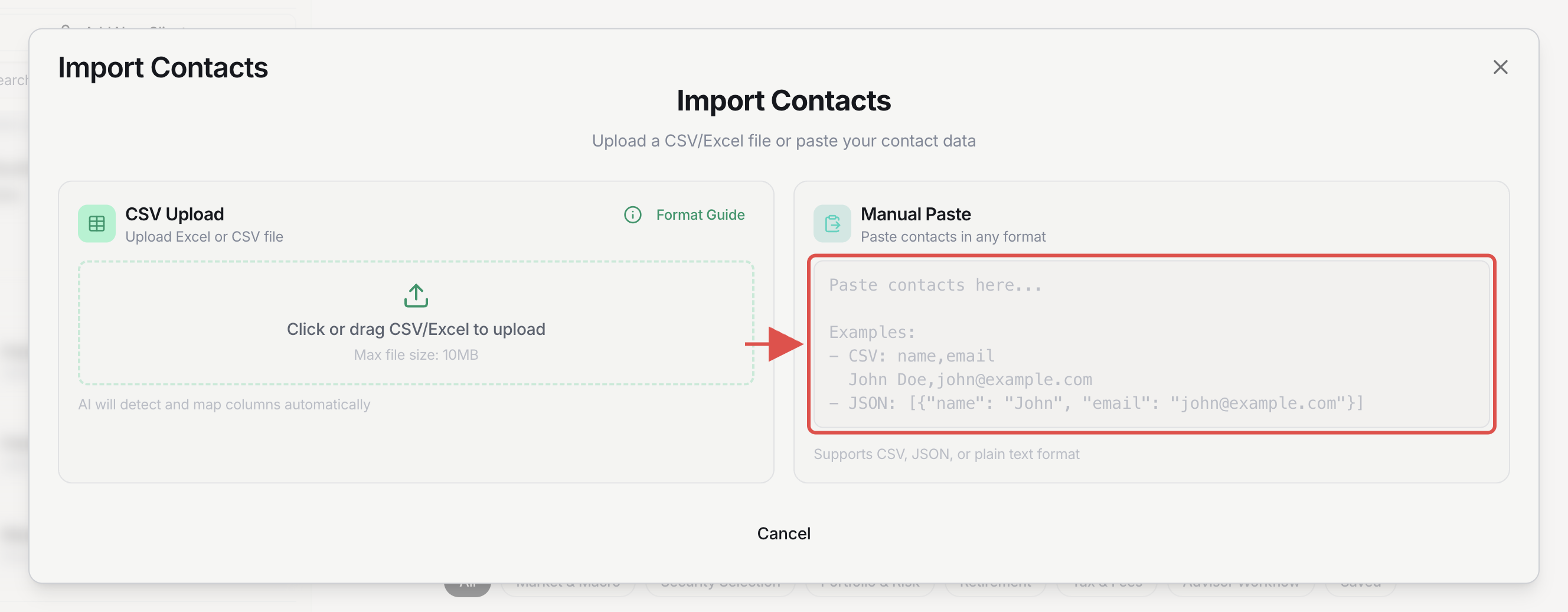 Import Contacts dialog with CSV Upload and Manual Paste options