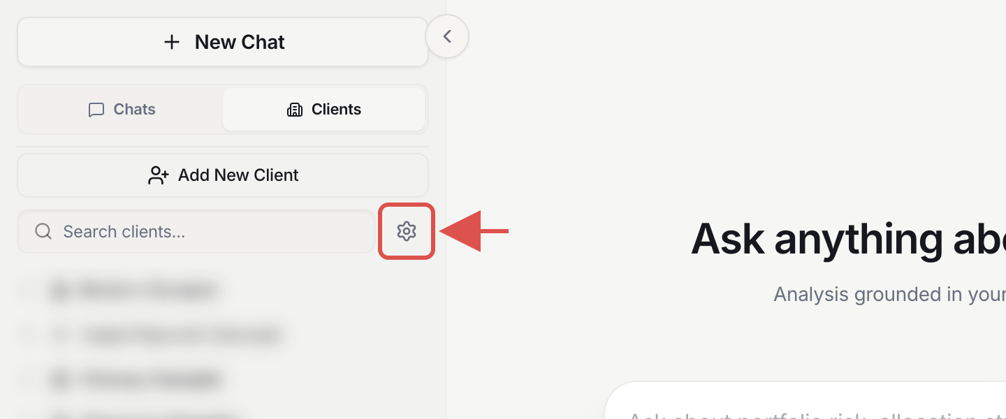 Sidebar in the Clients view with the gear icon next to the search field highlighted