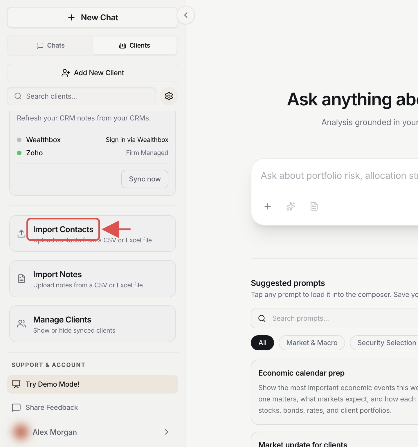 Sync and Import panel with the Import Contacts option highlighted