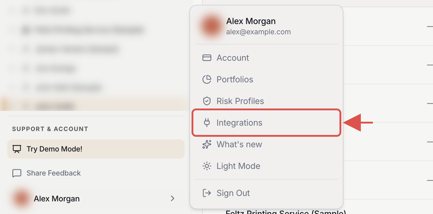 DeepVest account menu open at the bottom-left with the Integrations item highlighted