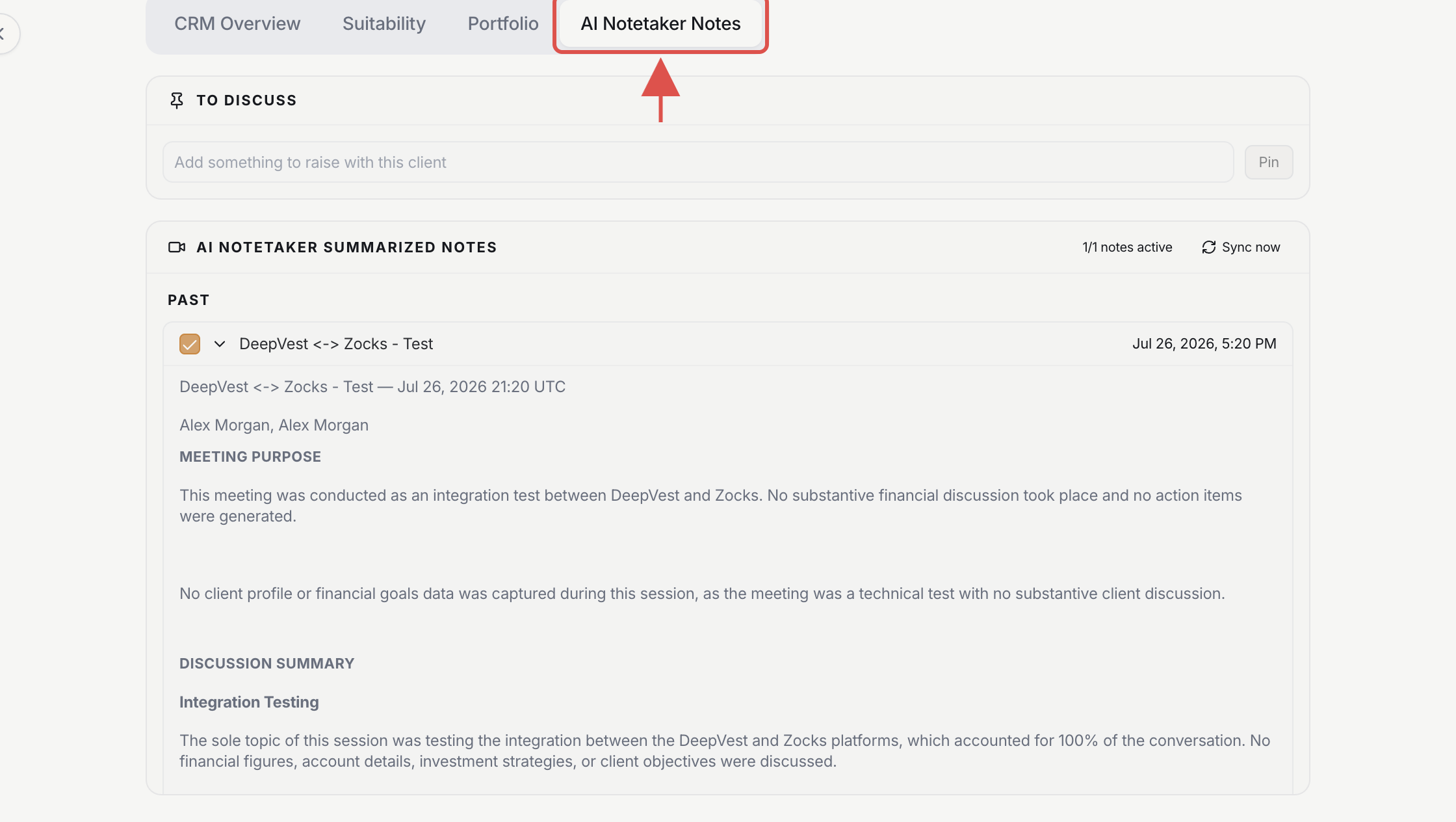 Client profile showing a Zocks meeting under AI Notetaker Notes with its AI summary expanded