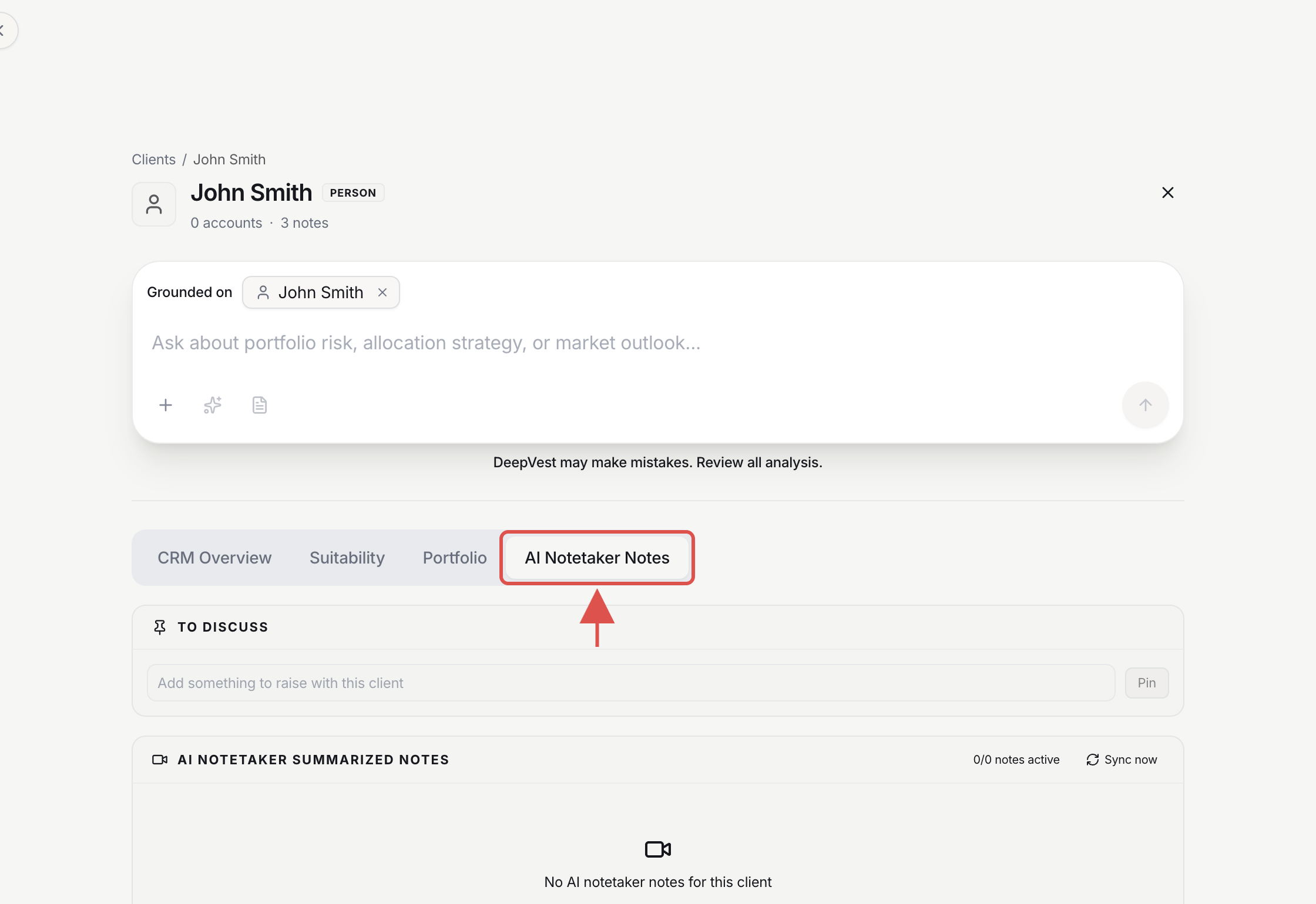 Client profile with the AI Notetaker Notes tab highlighted and no notes yet
