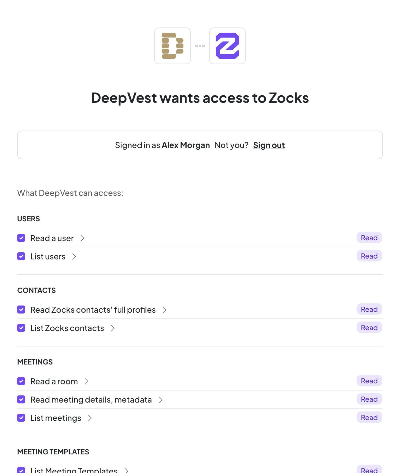 Zocks authorization page listing the permissions DeepVest requests