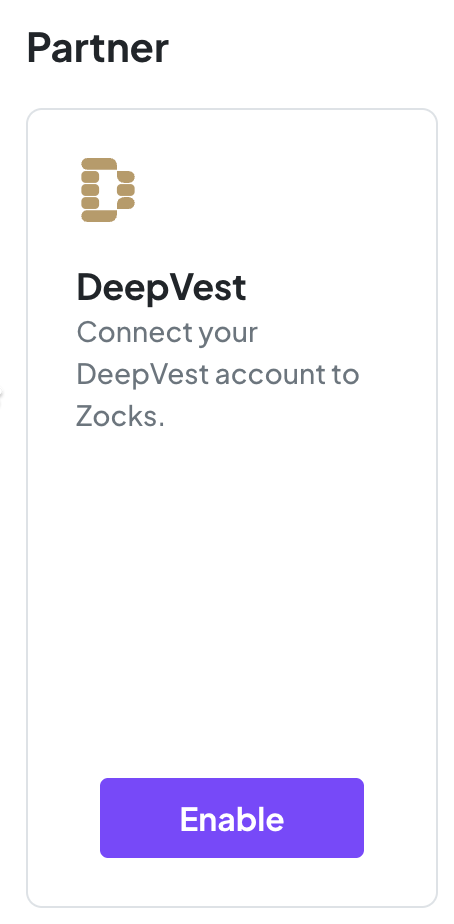 Zocks Integrations page showing the DeepVest partner app with an Enable button