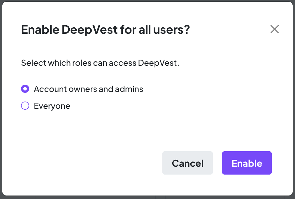 Zocks dialog asking which roles can access DeepVest, with Cancel and Enable buttons