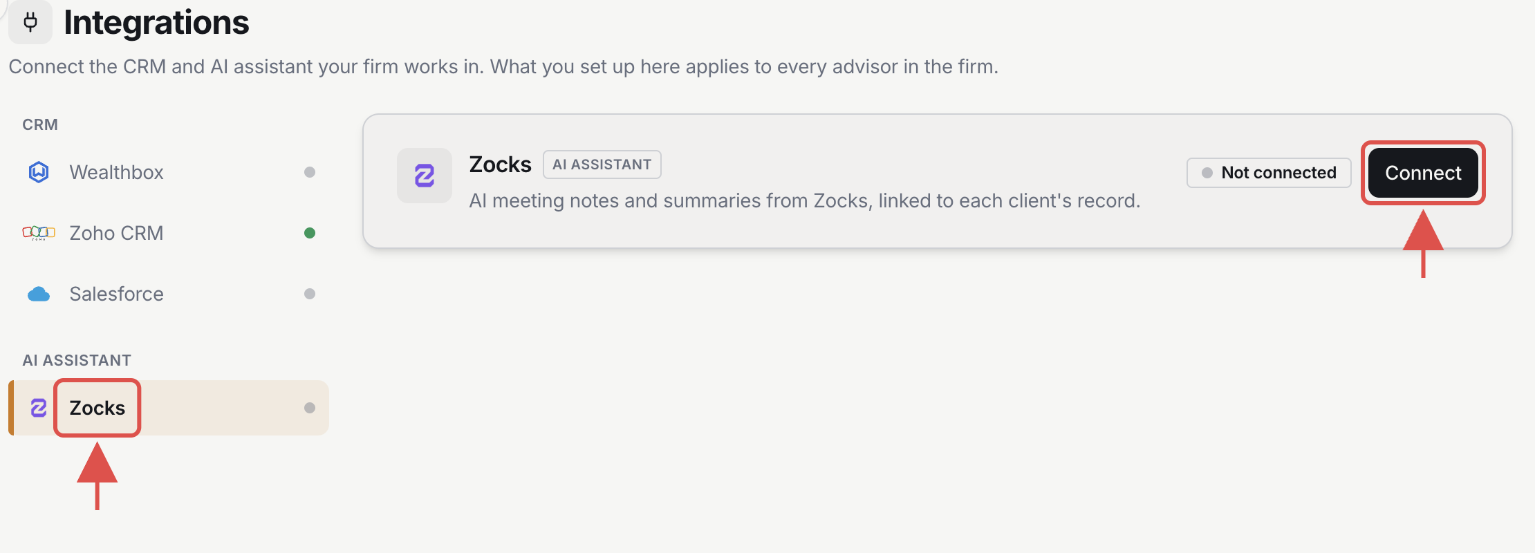 Integrations page with Zocks selected in the rail and the Connect button highlighted