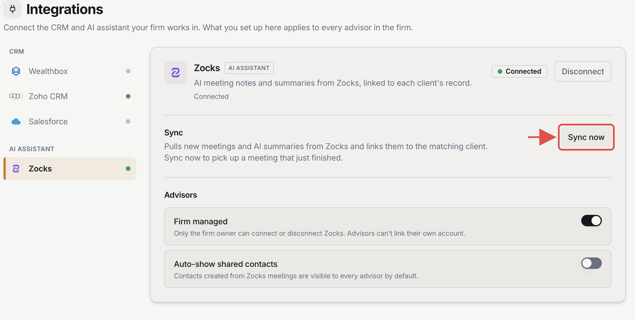 Zocks pane showing Connected with the Sync now button highlighted